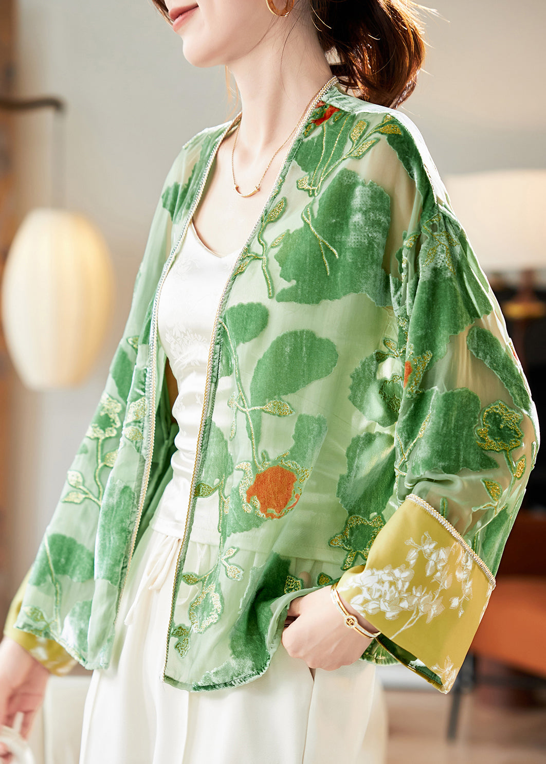 Loose Green V Neck Patchwork Silk Velvet Cardigan Long Sleeve