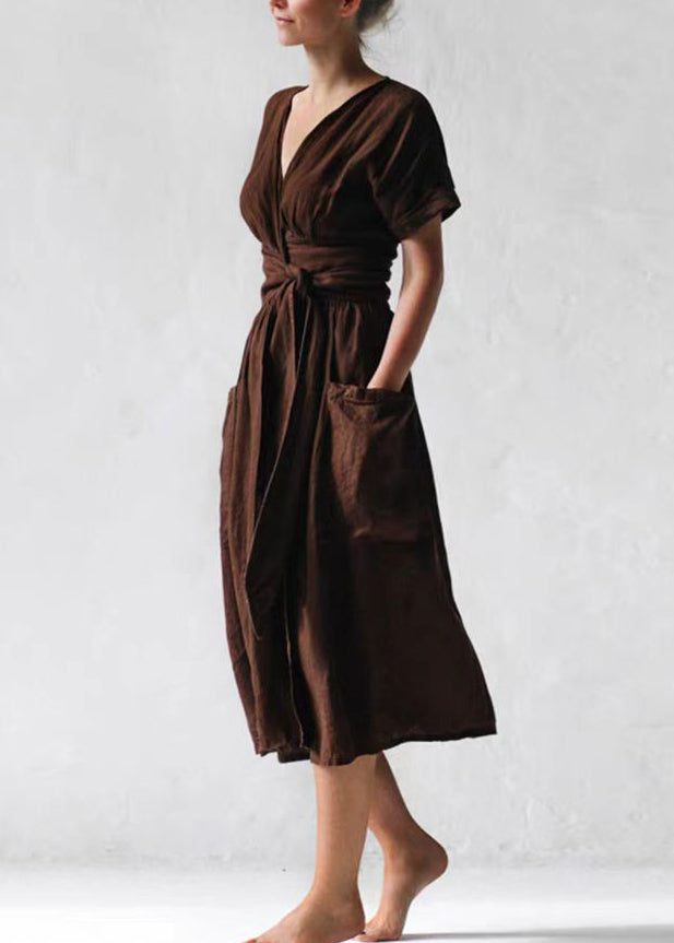 Loose Green V Neck Pockets Tie Waist Cotton Dresses Summer