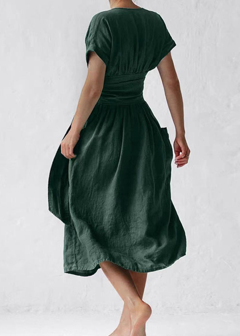 Loose Green V Neck Pockets Tie Waist Cotton Dresses Summer