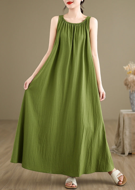 Loose Green Wrinkled Solid Cotton Maxi Dresses Sleeveless