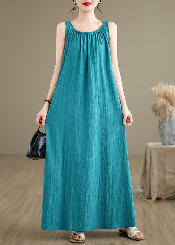 Loose Green Wrinkled Solid Cotton Maxi Dresses Sleeveless