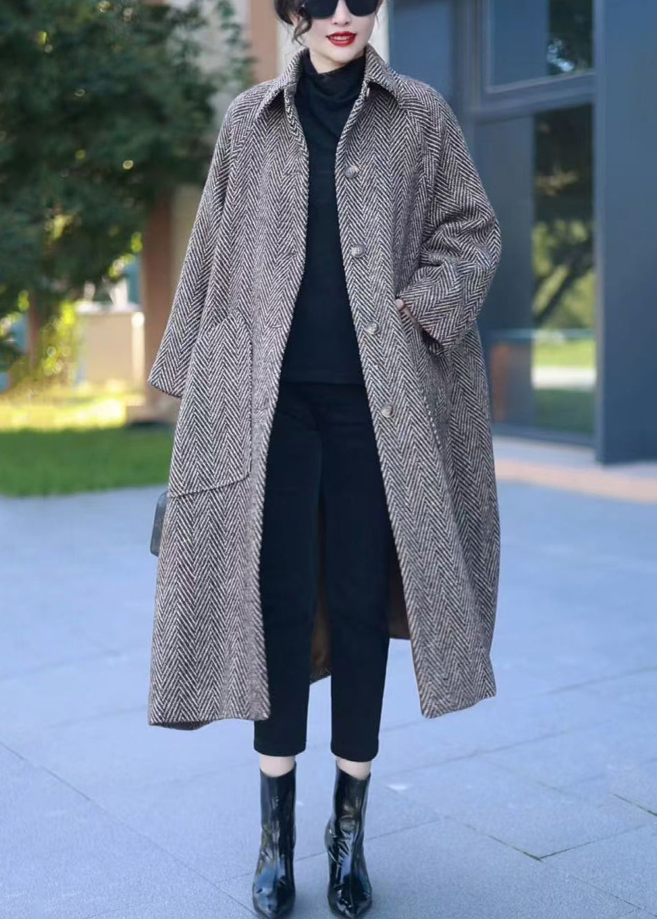 Loose Grey Button Pockets Thick Woolen Long Coat Winter