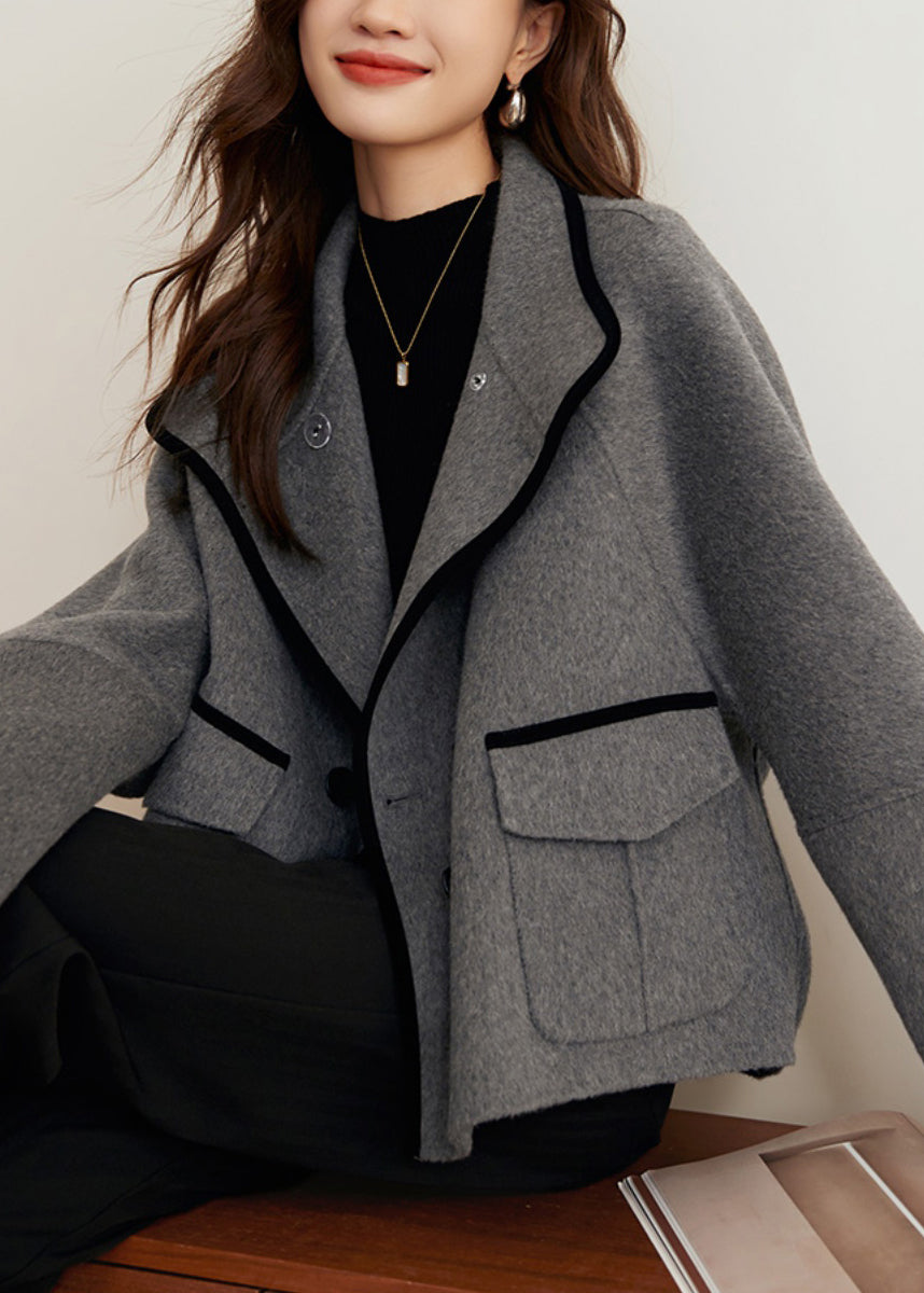 Loose Grey Button Pockets Woolen Coats Winter