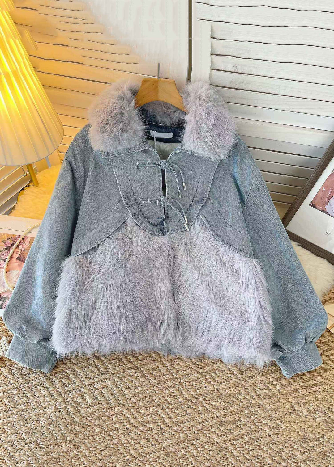 Loose Grey Fur Collar Patchwork Denim Parkas Winter