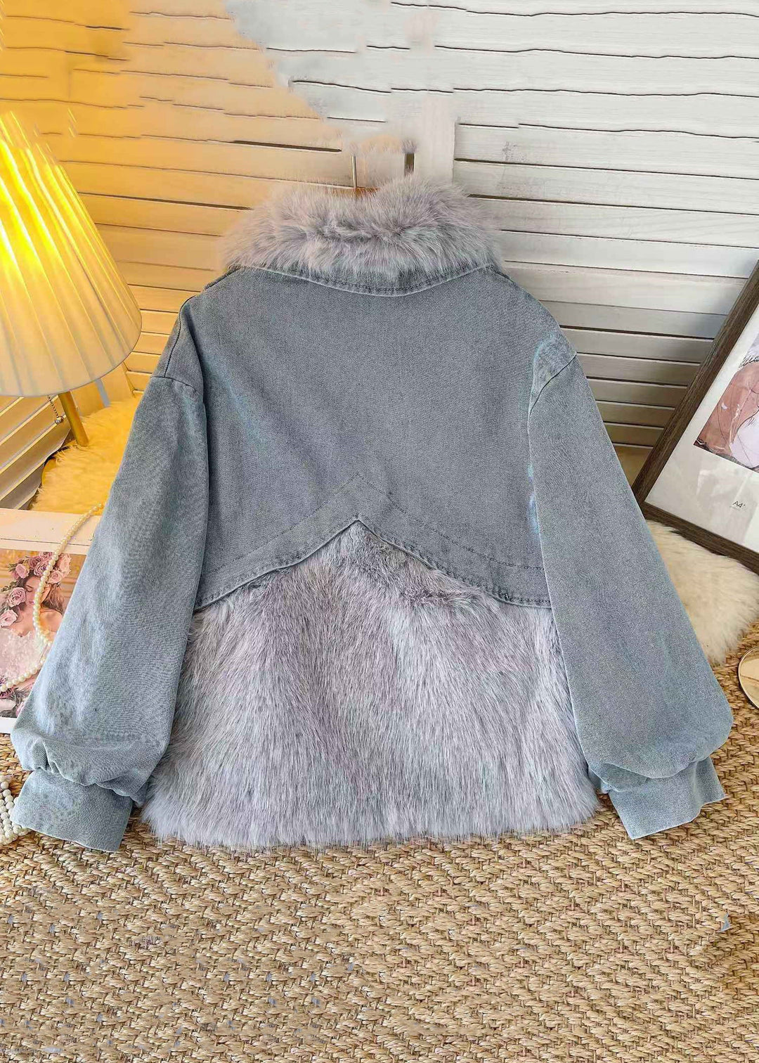 Loose Grey Fur Collar Patchwork Denim Parkas Winter