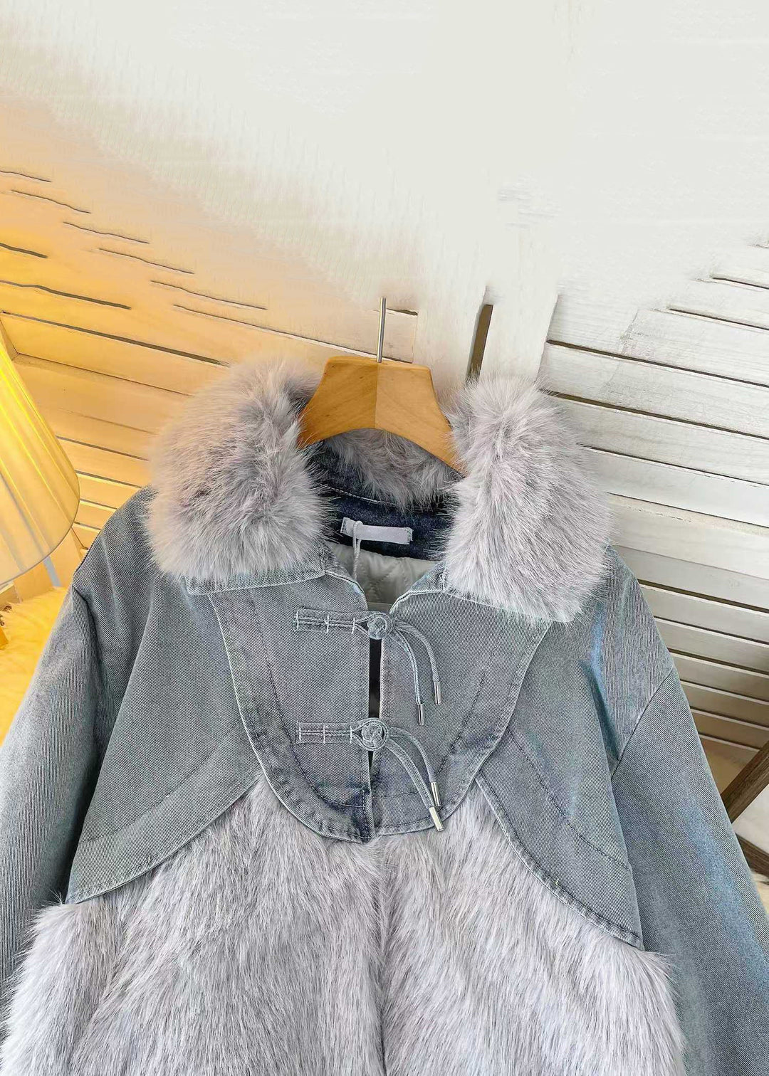 Loose Grey Fur Collar Patchwork Denim Parkas Winter