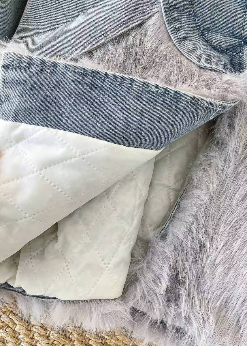 Loose Grey Fur Collar Patchwork Denim Parkas Winter