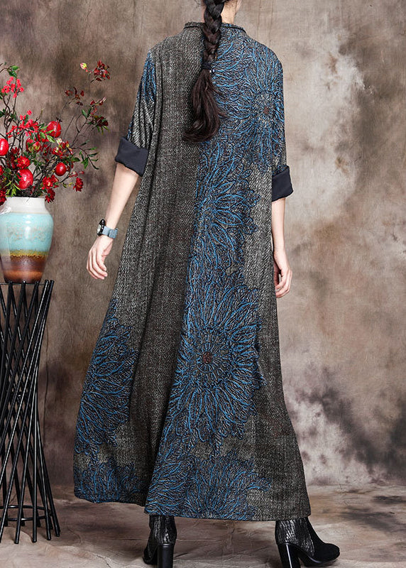 Loose Grey Half Hign Neck Print Cashmere Long Dress Fall