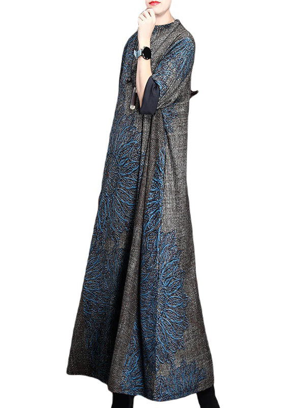 Loose Grey Half Hign Neck Print Cashmere Long Dress Fall