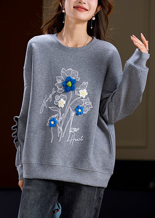 Loose Grey O Neck Floral Patchwork Cotton Sweatshirt Spring