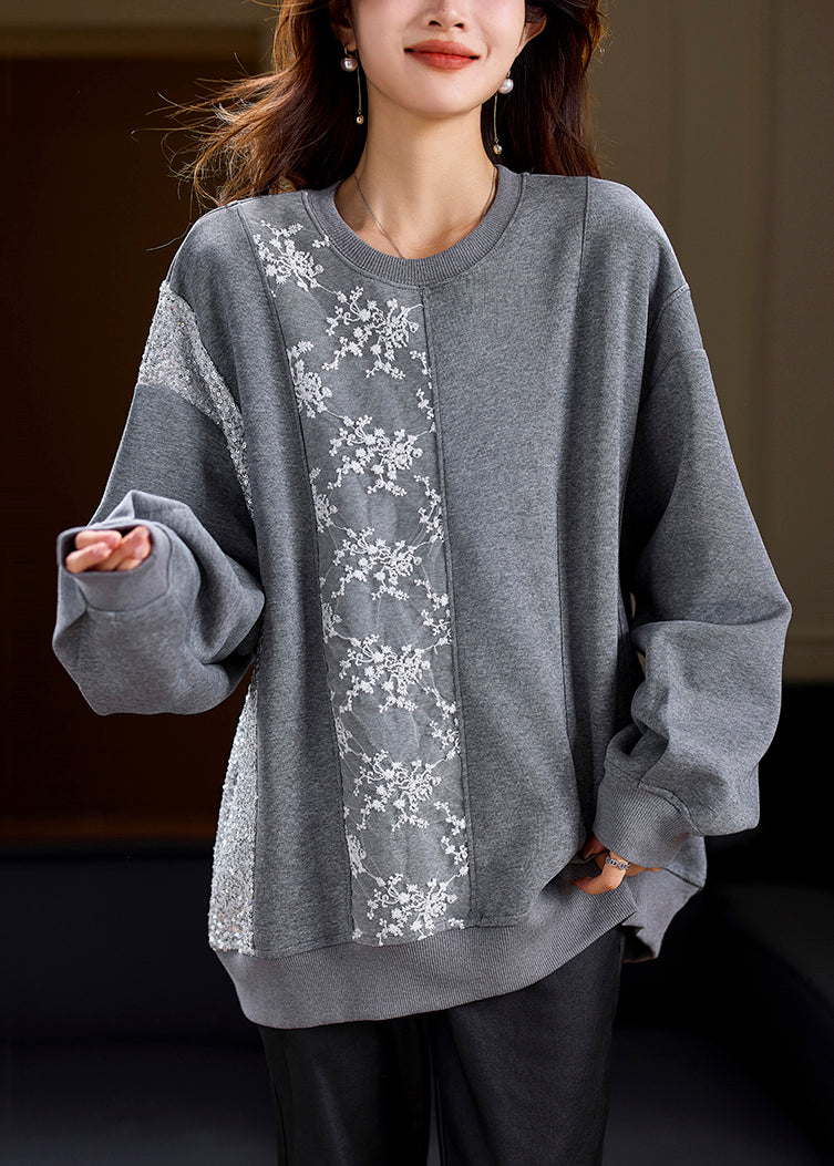 Loose Grey O Neck Lace Patchwork Sweatshirts Spring