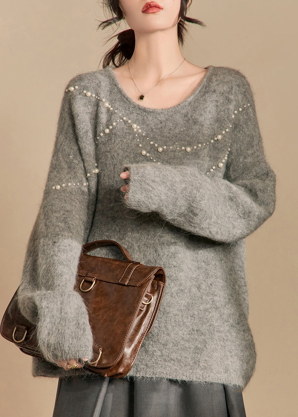 Loose Grey O Neck Pearl Cotton Knit Sweaters Winter