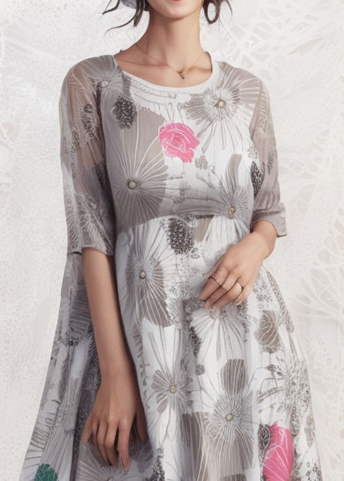 Loose Grey O Neck Print Silk Dresses Half Sleeve