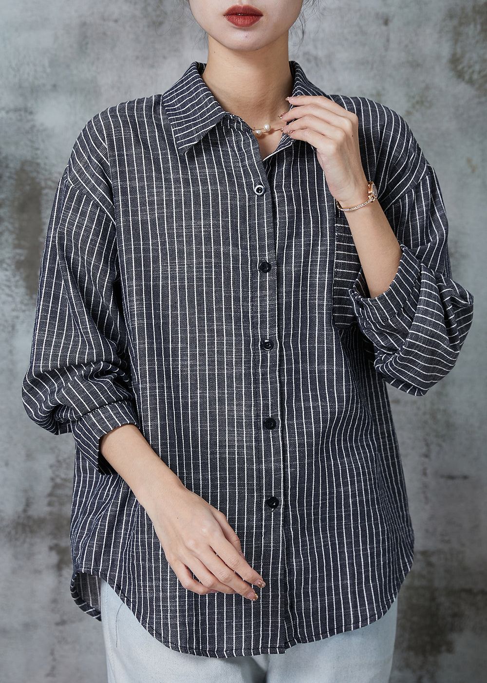 Loose Grey Oversized Striped Linen Blouses Spring