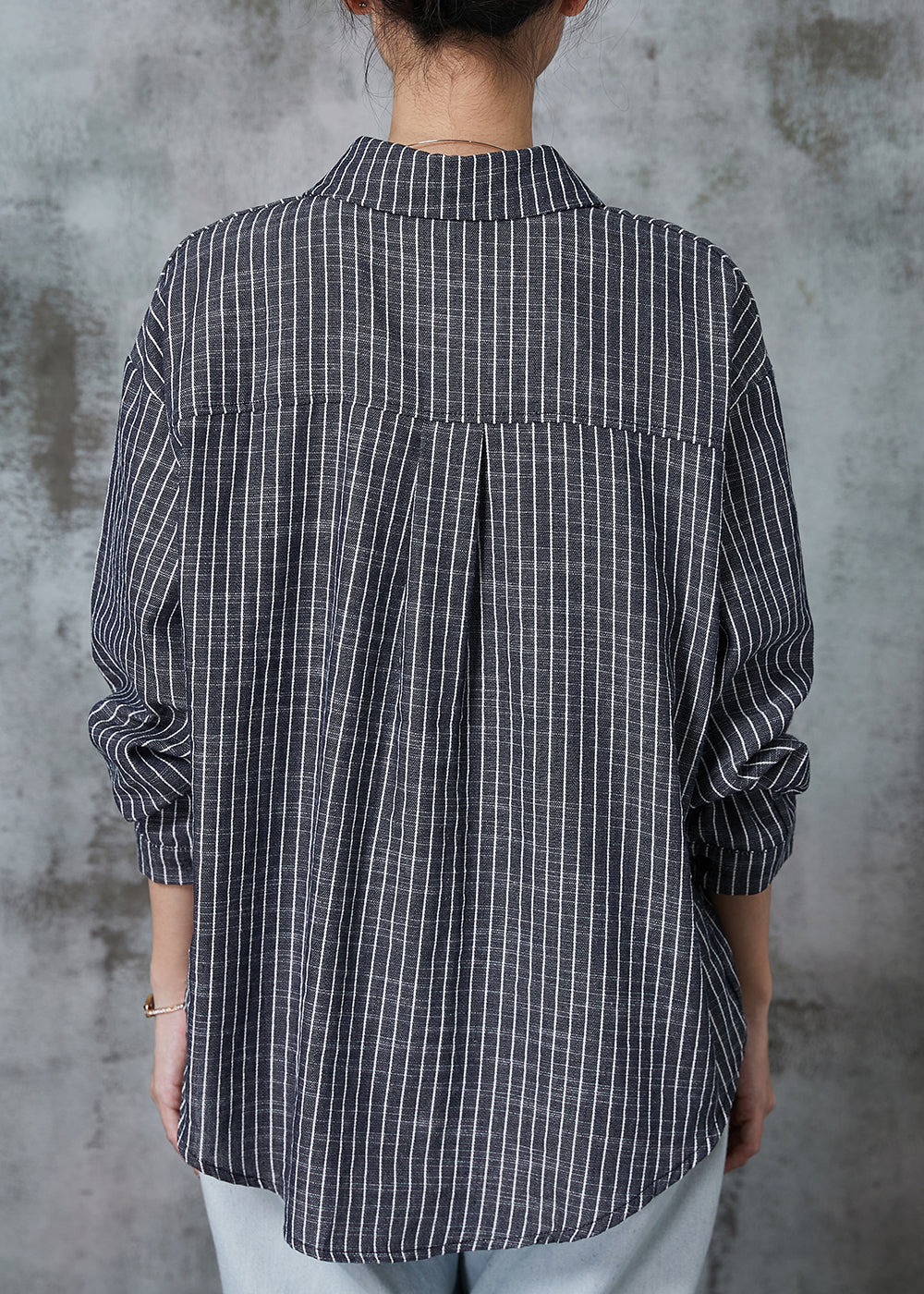 Loose Grey Oversized Striped Linen Blouses Spring