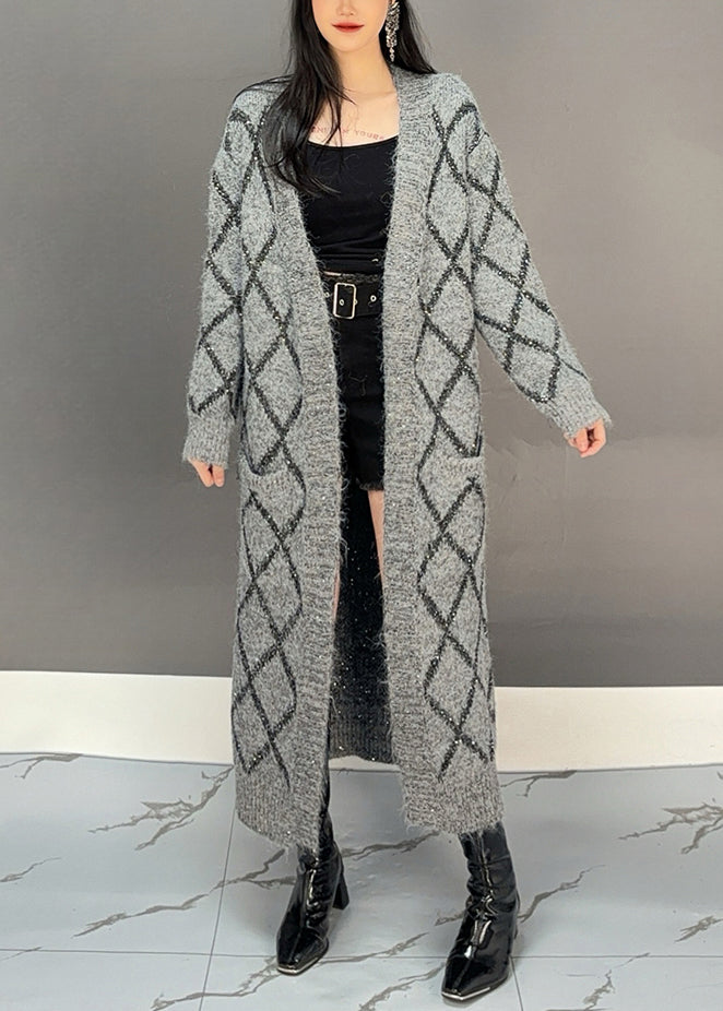 Loose Grey Plaid Pockets Cotton Knit Loose Cardigan Winter