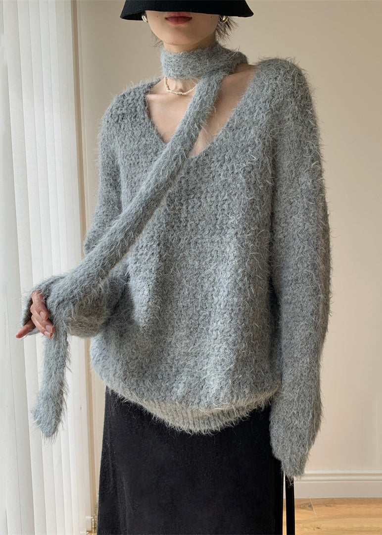 Loose Grey Scarf Hollow Out Cotton Knit Sweaters Winter