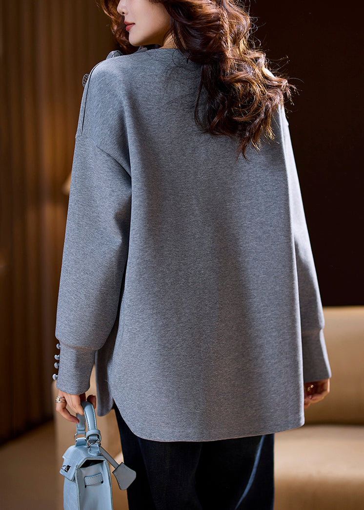 Loose Grey V Neck Patchwork Cotton Sweatshirts Spring