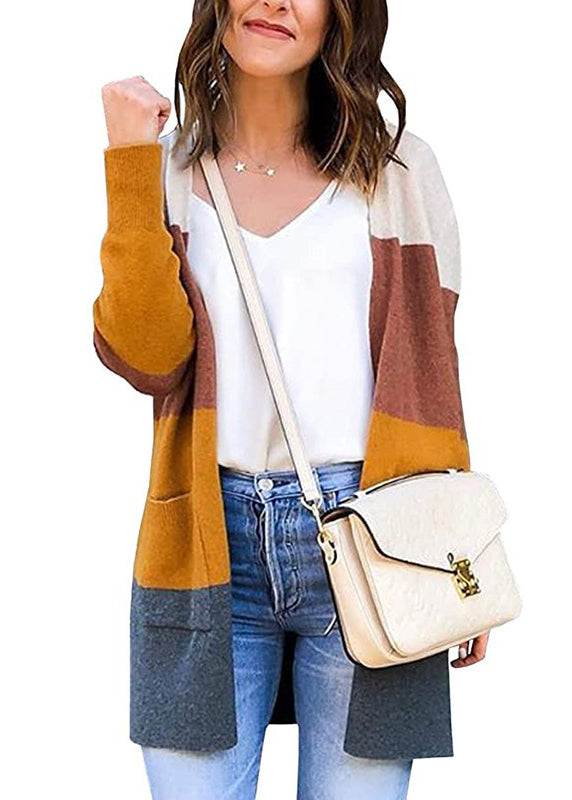 Loose Grey V Neck Striped Pockets Knit Cardigan Fall