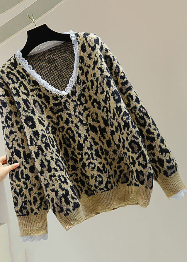 Loose Khaki Leopard Lace Patchwork Hole Cozy Cotton Knit Sweater Winter