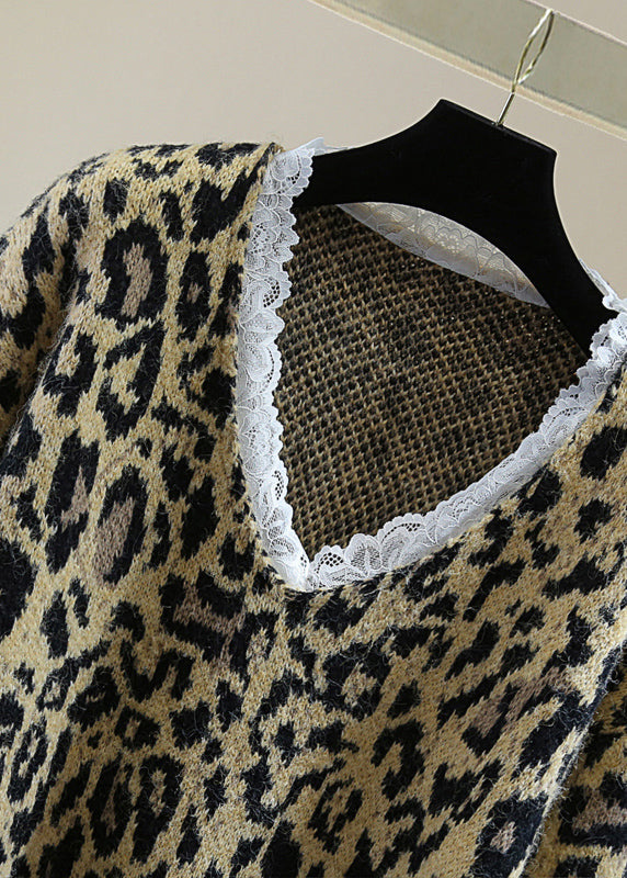 Loose Khaki Leopard Lace Patchwork Hole Cozy Cotton Knit Sweater Winter