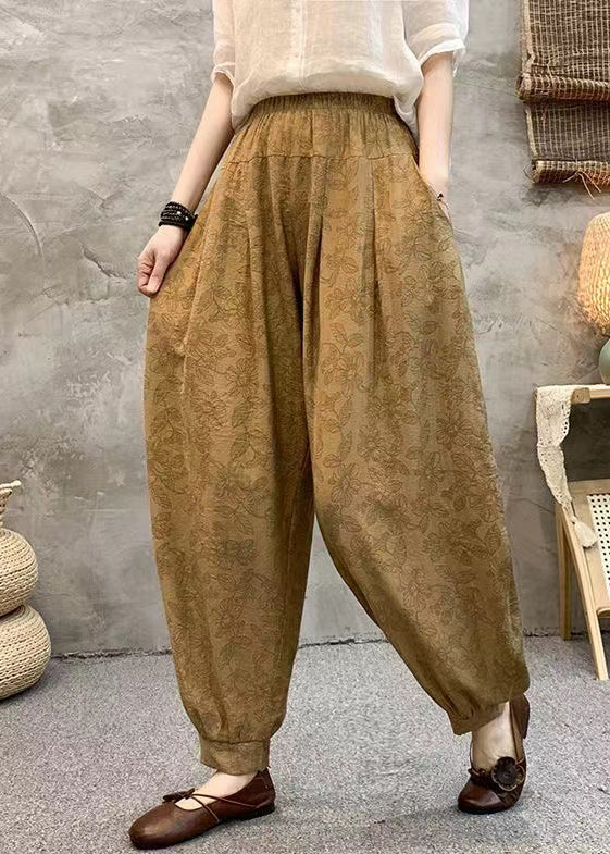 Loose Khaki Pockets Elastic Waist Cotton Crop Pants Summer