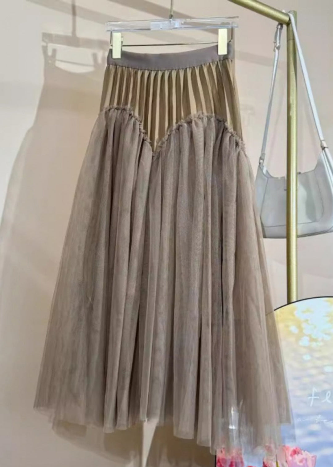 Loose Khaki Ruffled Side Open Tulle Skirt Spring