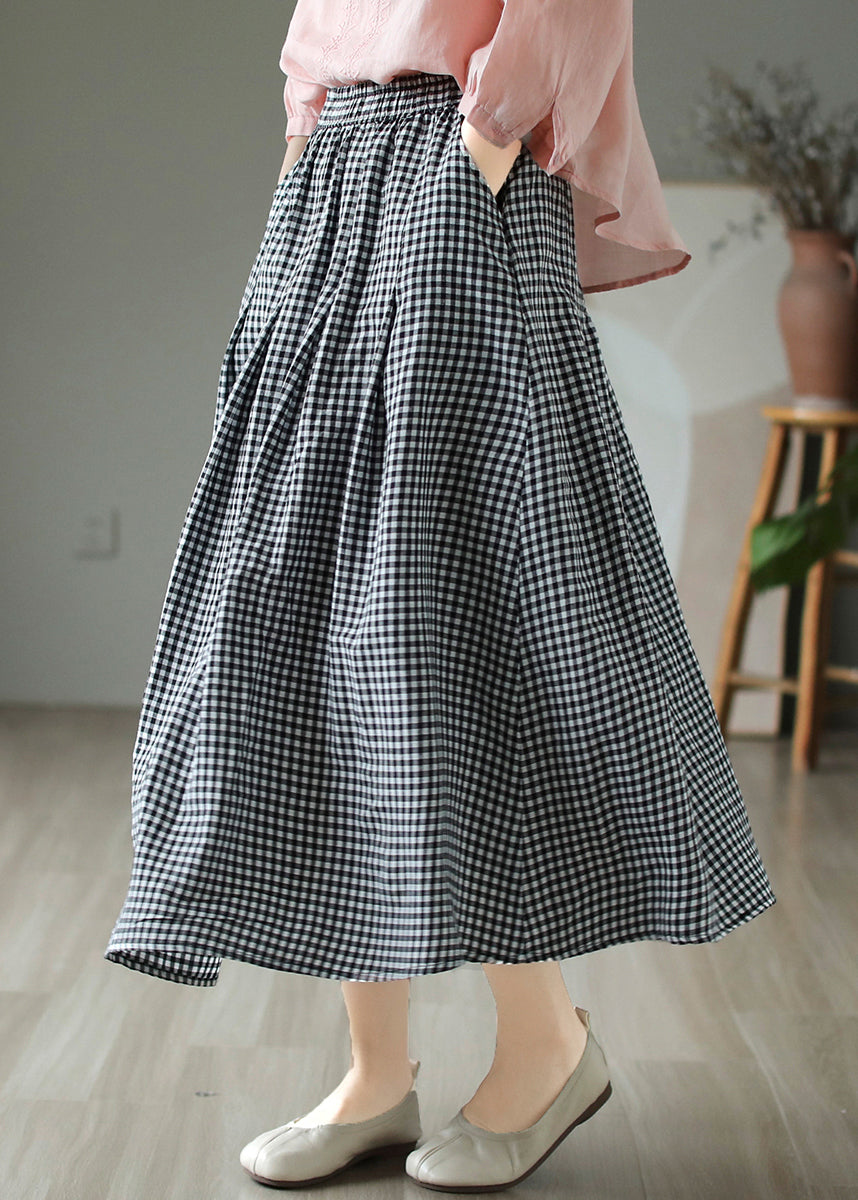 Loose Large Plaid Pockets Elastic Waist Cotton Skirts Summer