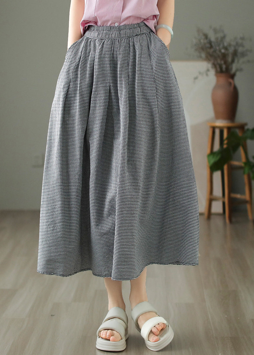 Loose Large Plaid Pockets Elastic Waist Cotton Skirts Summer