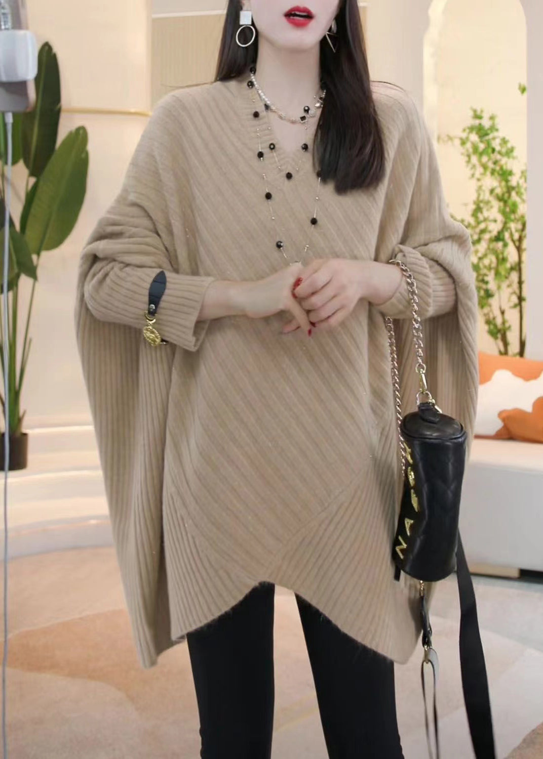 Loose Light Khaki V Neck Cozy Knit Sweater Batwing Sleeve