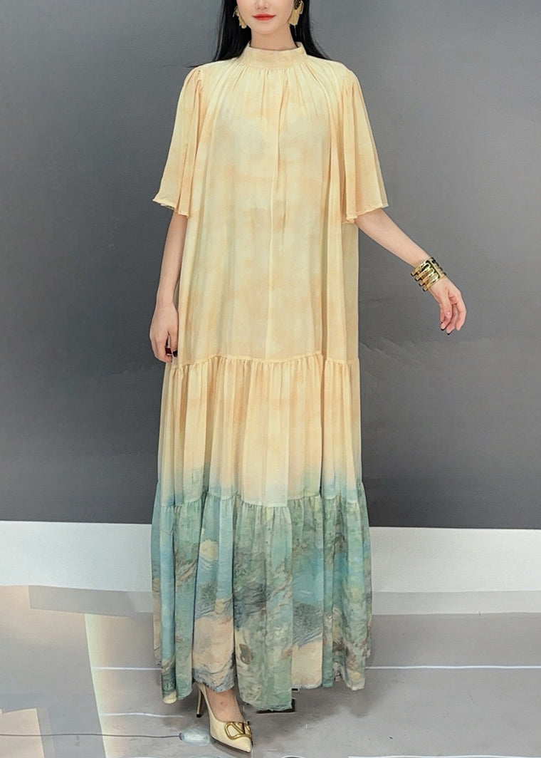 Loose Light Yellow Wrinkled Print Chiffon Long Dress Flare Sleeve