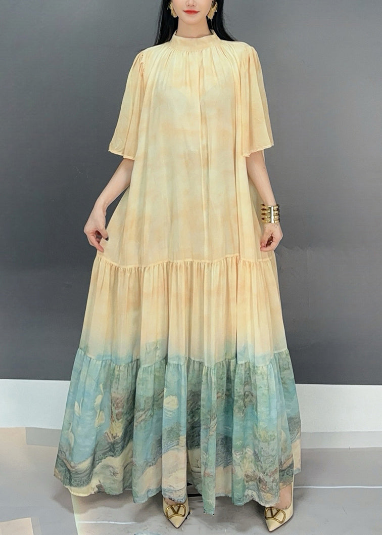 Loose Light Yellow Wrinkled Print Chiffon Long Dress Flare Sleeve