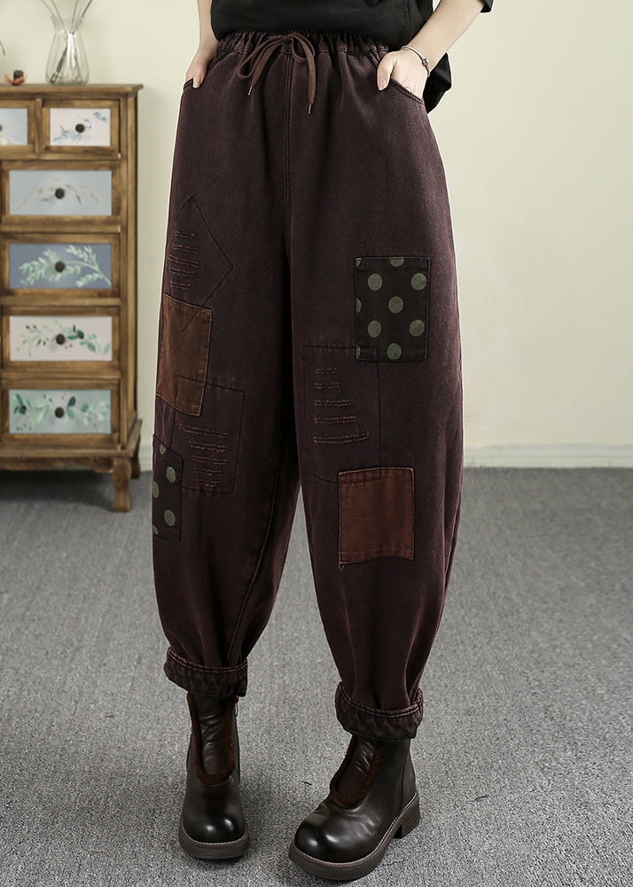 Loose Mulberry Pockets Patch Elastic Waist Warm Fleece Pants Spring