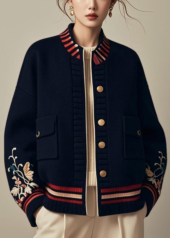 Loose Navy Button Print Pockets Patchwork Coats Fall