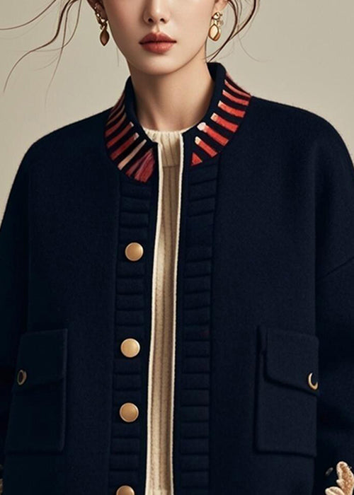 Loose Navy Button Print Pockets Patchwork Coats Fall