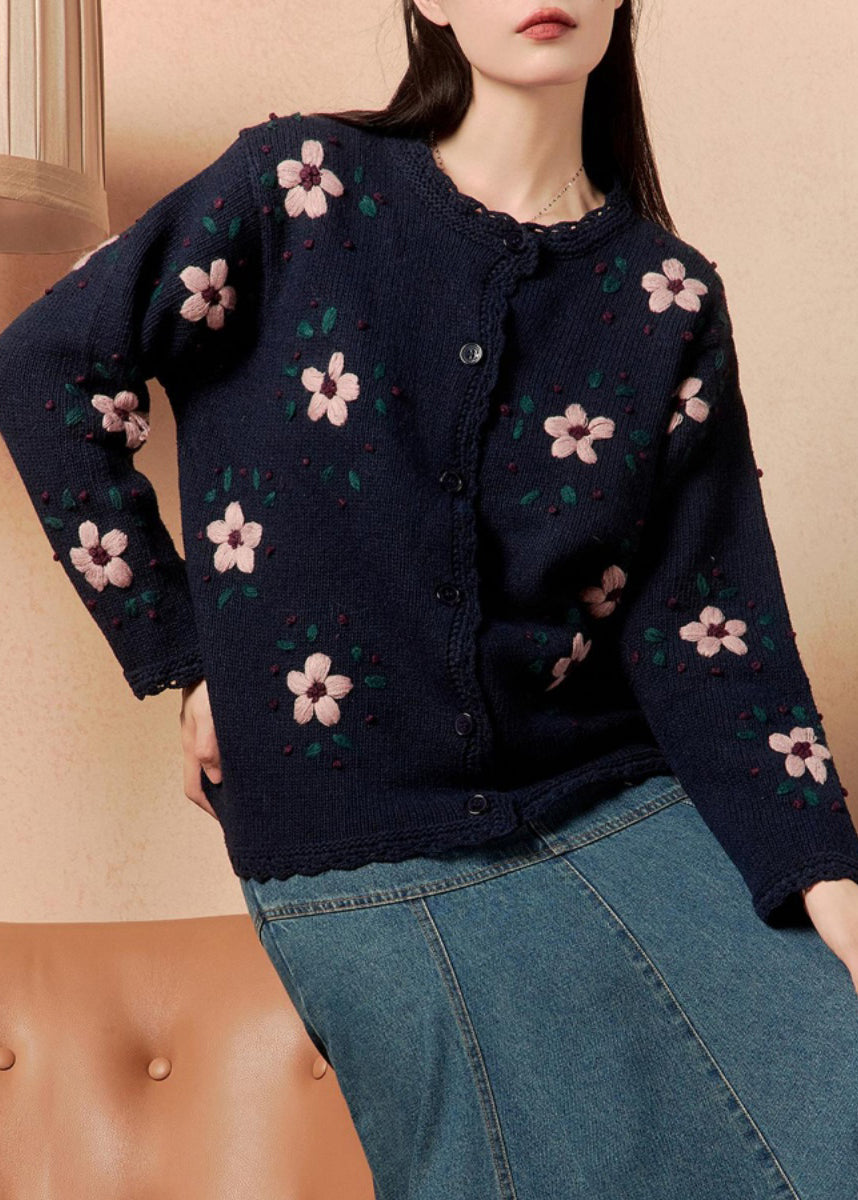 Loose Navy Floral Button Cozy Knit Coats Winter