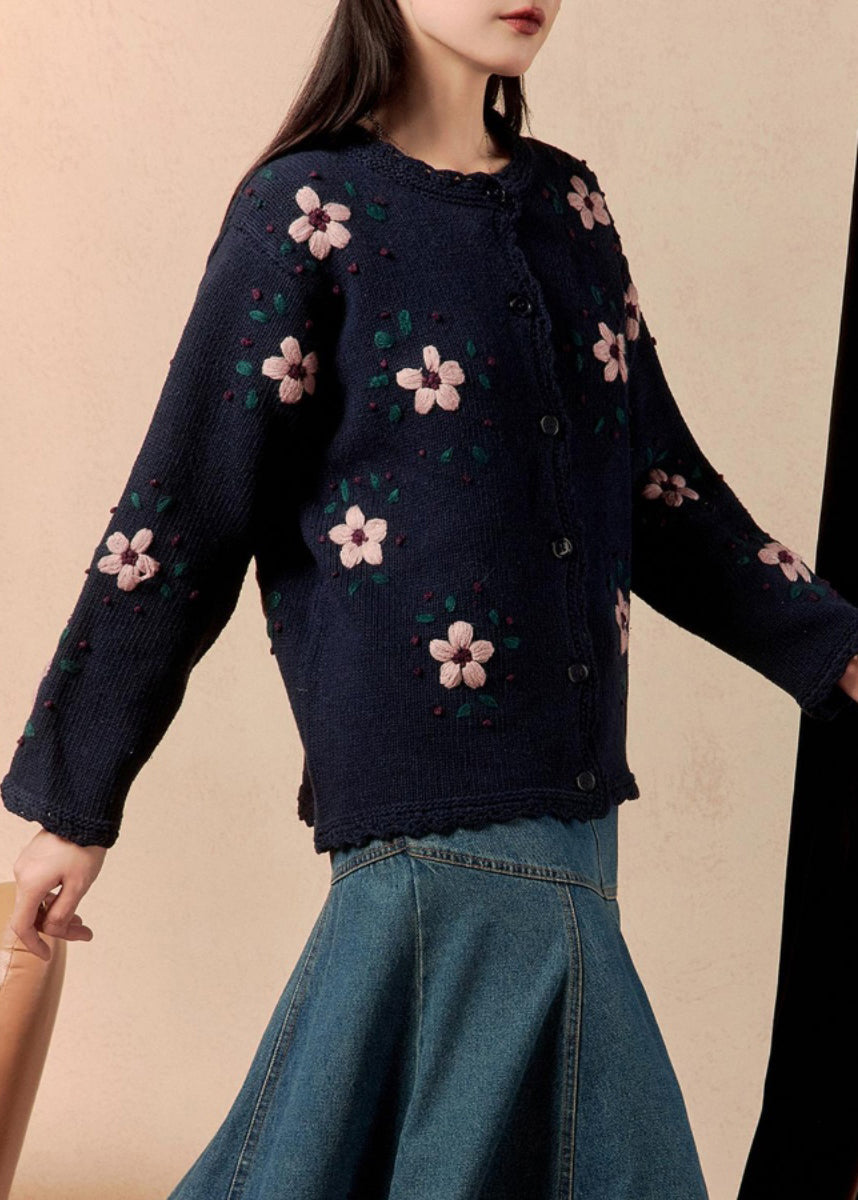 Loose Navy Floral Button Cozy Knit Coats Winter