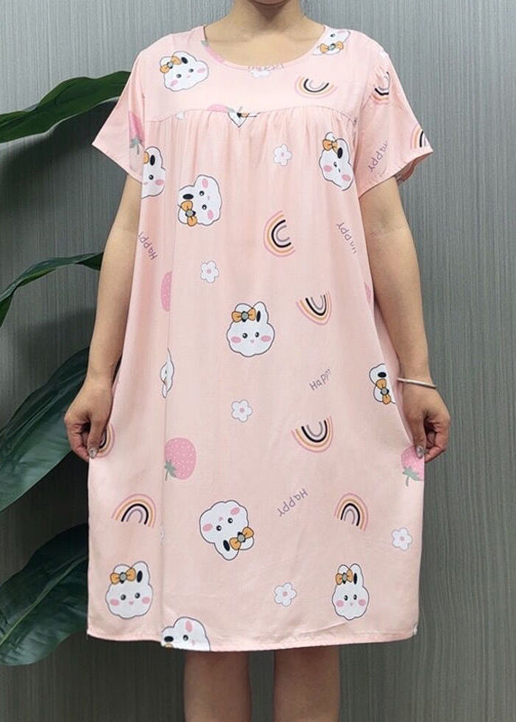 Loose Navy O Neck Print Cotton Pajamas Dresses Summer