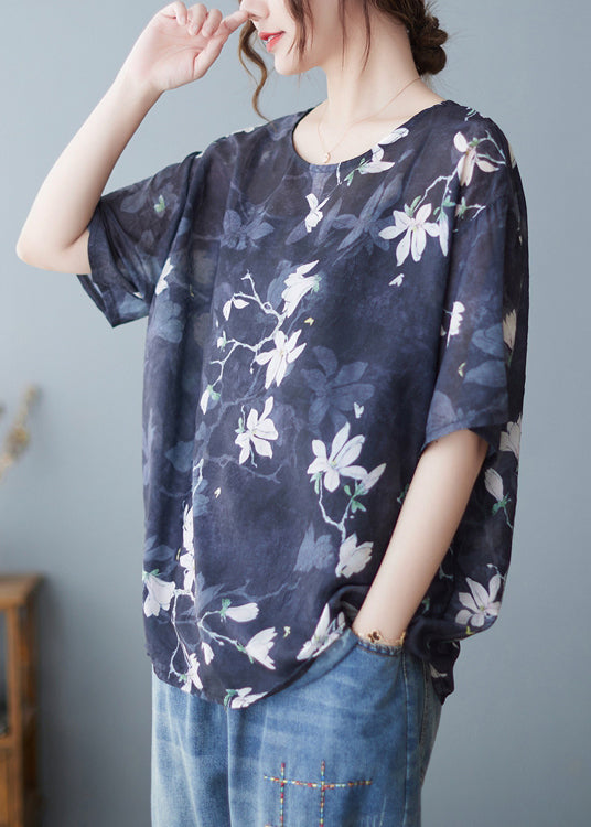 Loose Navy O Neck Print Linen T Shirts Summer