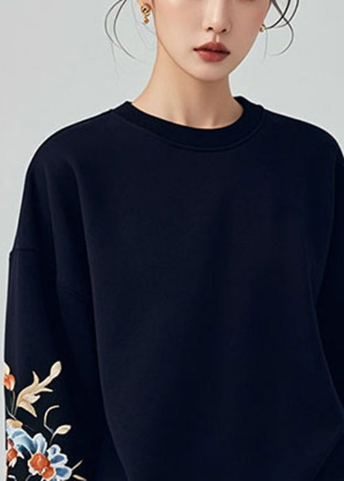 Loose Navy O Neck Print Warm Fleece Sweatshirt Winter