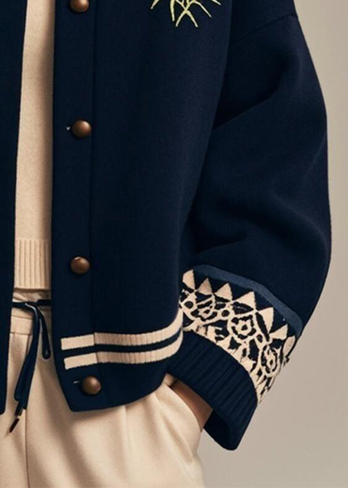 Loose Navy Stand Collar Button Print Cotton Coat Winter