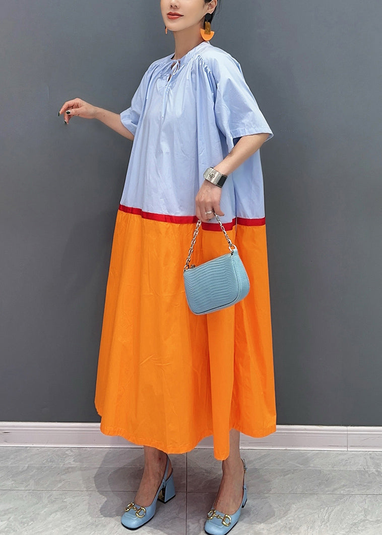 Loose Orange Lace Up Patchwork Cotton Long Dresses Summer