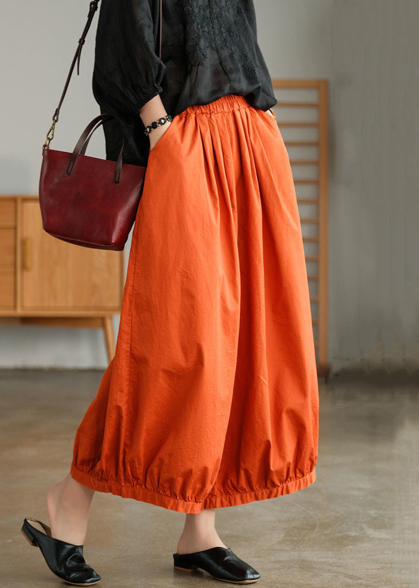 Loose Orange Pockets Elastic Waist Cotton Crop Pants Summer