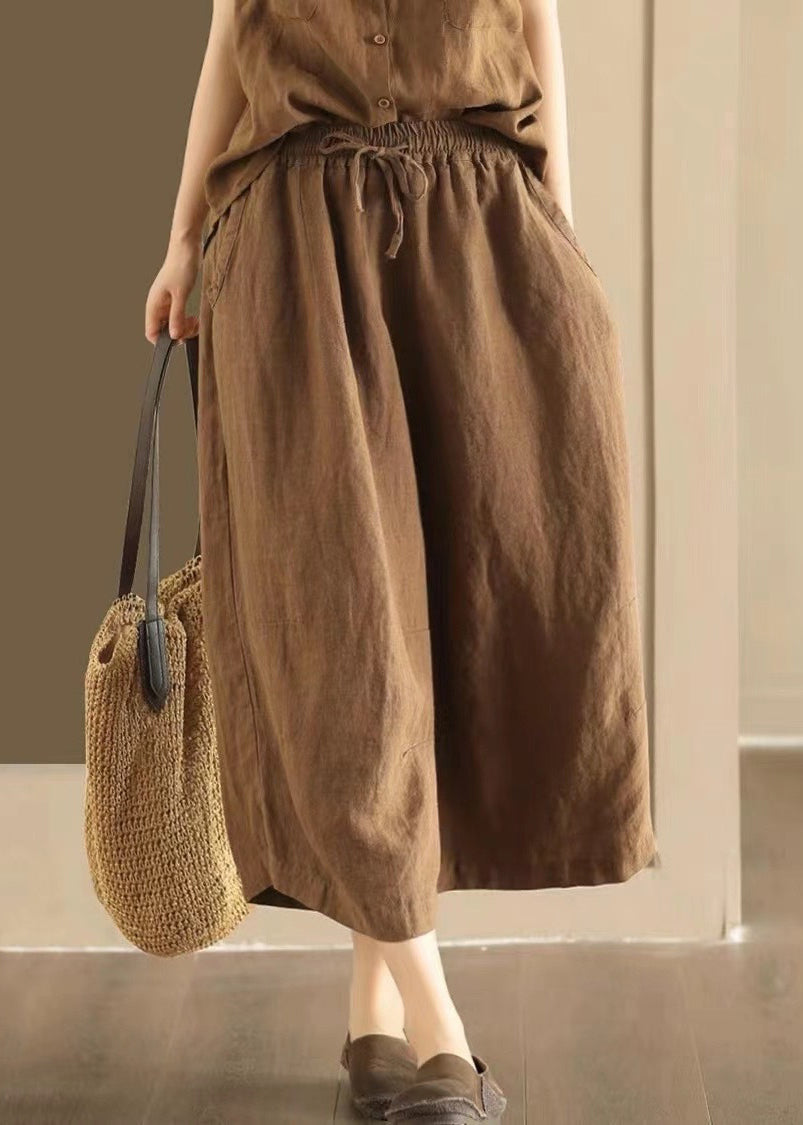 Loose Orange Pockets Elastic Waist Linen Wide Leg Pants Summer