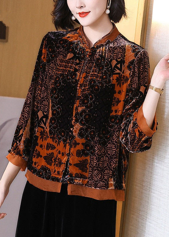 Loose Orange Stand Collar Patchwork Silk Velour Blouses Bracelet Sleeve