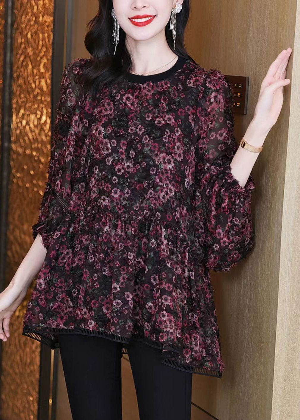 Loose Photo Color O Neck Print Chiffon Shirt Spring