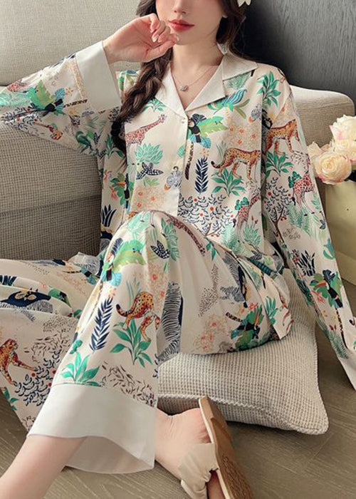 Loose Photo Color Peter Pan Collar Print Ice Silk PajamasTwo Pieces Set Spring