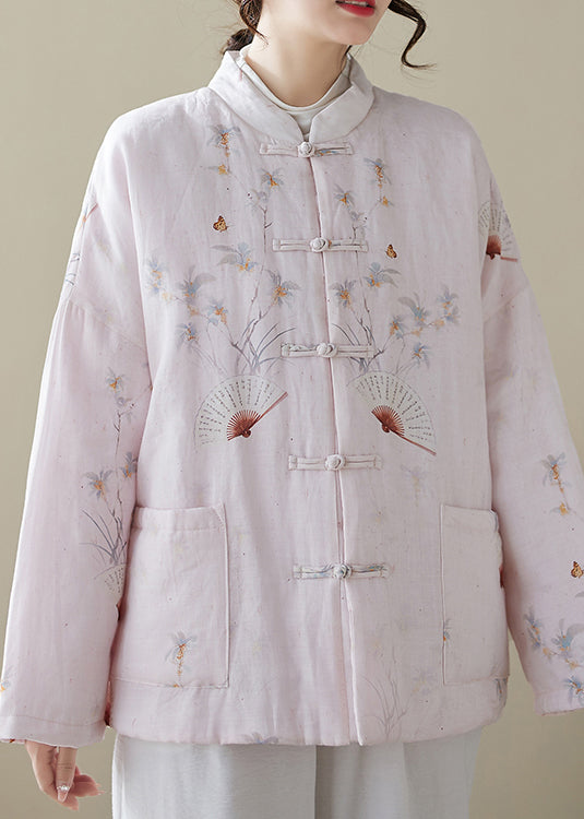 Loose Pink Button Print Pockets Winter Thick Coats