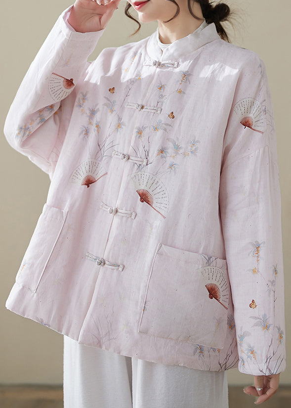 Loose Pink Button Print Pockets Winter Thick Coats