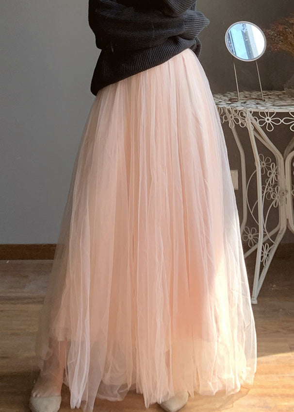 Loose Pink Elastic Waist Tulle Maxi Skirts